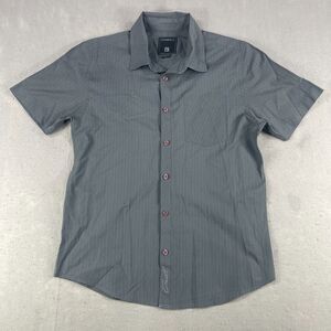 O'Neill Shirt Men's Medium Gray Striped Pleated Pocket Short Sleeve Button-Up